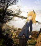  1girl animal_ears ascot bare_tree blonde_hair breasts cat_ears cat_tail cloud dutch_angle from_side glasses highres house kabuyama_kaigi lake long_hair military military_uniform open_mouth outdoors panties panties_under_pantyhose pantyhose perrine_h_clostermann sketch sky small_breasts solo strike_witches tail tree underwear uniform world_witches_series yellow_eyes 