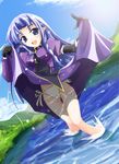  artist_request black_gloves blue_eyes blue_hair caster dress dress_lift dutch_angle elbow_gloves fate/stay_night fate_(series) gloves long_hair panties pointy_ears purple_dress side-tie_panties solo standing thigh_gap underwear wading water white_panties 