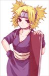  bar blonde_hair blush breasts brown_eyes cleavage collarbone hand_on_hip headband japanese_clothes kimono kubyou_azami looking_at_viewer medium_breasts naruto_(series) naruto_shippuuden quad_tails sash short_hair simple_background smile solo spiked_hair standing temari white_background 