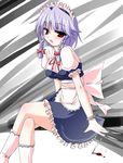  blood blush bow braid crossed_legs izayoi_sakuya knife maid maid_headdress open_mouth red_eyes silver_hair sitting solo touhou utamaro 