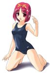  barefoot bow full_body hairband highres kamigishi_akari kneeling norizou_type-r one-piece_swimsuit open_mouth red_eyes red_hair school_swimsuit school_uniform shadow short_hair solo swimsuit to_heart white_background yellow_bow 