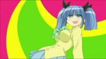  :d black_ribbon blue_hair blue_skirt bouncing_breasts bow breasts cowboy_shot green_bow green_eyes large_breasts long_sleeves looking_at_viewer momotsuki_gakuen_school_uniform open_mouth pani_poni_dash! pleated_skirt ribbon school_uniform screencap simple_background skirt smile solo suzuki_sayaka two_side_up 