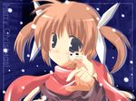  animal artist_request blush brown_hair coat copyright_name ferret hair_ribbon light_smile long_sleeves lyrical_nanoha mahou_shoujo_lyrical_nanoha merry_christmas on_shoulder petting purple_eyes red_scarf ribbon scarf simple_background snowing solo takamachi_nanoha twintails upper_body whiskers white_ribbon winter_clothes winter_coat yuuno_scrya 