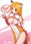  animal_ears blonde_hair breasts china_dress chinese_clothes cleavage detached_sleeves dress fox_ears fox_tail kei_jiei large_breasts long_sleeves original ravioli red_eyes solo tail 