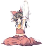  armpits arms_up bow breasts brown_hair detached_sleeves hair_bow hakurei_reimu long_sleeves short_hair sideboob sitting small_breasts solo tateha_(marvelous_grace) touhou 