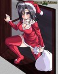  black_hair blush boots breasts choker christmas collarbone d_kurouri full_body fur hat large_breasts long_sleeves looking_at_viewer original panties pantyshot purple_eyes sack santa_costume santa_hat shirt short_hair solo stepping sweat taut_clothes taut_shirt thigh_boots thighhighs through_window underwear window 