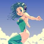  artist_request bare_shoulders final_fantasy final_fantasy_iv green_eyes green_hair green_leotard hair_ornament leotard lowres rydia solo thighhighs 