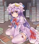  1girl blue_bow blue_ribbon blush book book_stack bow bowtie check_commentary commentary_request crescent crescent_moon_pin dress_bow eyebrows_visible_through_hair hair_bow hands_on_floor hat hat_ribbon houshiruri kneeling lavender_legwear long_hair long_sleeves looking_at_viewer patchouli_knowledge purple_eyes purple_hair red_bow red_neckwear ribbon smile sock_bow solo thighhighs thighs touhou very_long_hair wide_sleeves 
