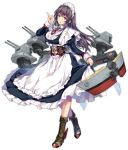  1girl apron azur_lane bangs blue_eyes blush boots breasts brown_footwear cannon crossed_legs curacoa_(azur_lane) dress dress_lift eyebrows_visible_through_hair frills full_body highres index_finger_raised juliet_sleeves large_breasts legs_crossed lifted_by_self long_hair long_sleeves maid maid_headdress moneti_(daifuku) official_art parted_lips puffy_sleeves purple_hair rigging rudder_footwear sidelocks sleeve_cuffs smile solo transparent_background turret watson_cross 