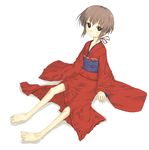  bangs barefoot black_eyes brown_hair flat_chest ikura_hato japanese_clothes kimono kurame kusari_hime:_euthanasia long_sleeves ponytail sitting slit_pupils solo 