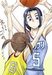  basketball blue_eyes blue_hair brown_hair clothes_writing fukuzawa_yumi hosokawa_kanako lowres maria-sama_ga_miteru multiple_girls sportswear twintails 