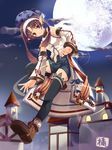  boots brown_eyes brown_hair copyright_request elf fantasy full_moon hairband hat lace moon navel pointy_ears shorts signature skyline smile solo tachibana_yuu thighhighs unzipped 