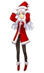  a1 caren_hortensia christmas fate/hollow_ataraxia fate_(series) long_hair long_sleeves pantyhose santa_costume solo white_hair yellow_eyes 