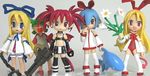  chibi crossover disgaea etna figure flonne flonne_(fallen_angel) koiwai_yotsuba leotard long_sleeves makai_senki_disgaea multiple_girls odd_one_out original photo pleinair red_leotard same-san stuffed_animal stuffed_shark stuffed_toy thighhighs white_bloomers yotsubato! 