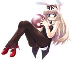  animal_ears ball blonde_hair blush bow bowtie bunny_ears bunny_girl bunny_tail bunnysuit detached_collar kusugawa_sasara leotard long_hair pantyhose quadri_lateral ribbon solo tail to_heart_2 