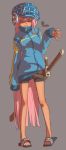  1girl 999knight @_@ al_bhed_eyes belt bike_shorts blue_eyes blush cabbie_hat crazy_eyes drooling hair_between_eyes hat highres jacket lee_ni-je long_hair looking_at_viewer open_mouth park_ssi-yu_daegi pink_hair saliva sandals shaded_face sheath smile sword weapon 