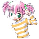  :d blush bosshi breasts face green_eyes hair_bobbles hair_ornament long_sleeves moe_(bosshi) open_mouth original pink_hair pointing shirt short_hair short_twintails simple_background sketch small_breasts smile solo striped striped_shirt turtleneck twintails 
