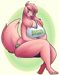  absurd_res anthro big_breasts biped breasts canid canine canis carrie_softpaws clothing digital_media_(artwork) domestic_dog female floppy_ears fur hair hi_res largerest long_ears mammal mature_female pink_fur pink_hair shirt shorts simple_background sitting solo tank_top text white_background 