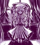  book bow chair crescent hair_bow hat long_hair monochrome patchouli_knowledge sitting solo touhou touya_(the-moon) 