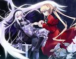  blonde_hair capelet dress floating floating_hair flower frills hairband hinoto holding_hand holding_hands long_hair long_sleeves multiple_girls profile red_dress red_eyes rose rozen_maiden shinku silver_hair suigintou very_long_hair wings 