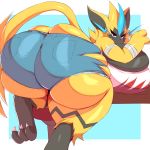  absurd_res anthro big_breasts big_butt breasts butt clothing felid female half-closed_eyes hi_res huge_breasts huge_butt hyper hyper_breasts hyper_butt legendary_pok&eacute;mon looking_back mammal nintendo pok&eacute;mon pok&eacute;mon_(species) solo tight_clothing tight_pants tight_shorts trinity-fate62 video_games zeraora 