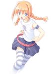  arm_garter belt blue_eyes blue_skirt braid cross frills hair_intakes latin_cross long_hair loose_belt lyrical_nanoha mahou_shoujo_lyrical_nanoha mahou_shoujo_lyrical_nanoha_a's open_eyes open_mouth orange_hair poco_(asahi_age) punching running shirt simple_background skirt sleeveless solo striped striped_legwear t-shirt thighhighs twin_braids vita white_background white_shirt 