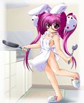  animal_ears apron artist_request blush breasts bunny_ears cleavage di_gi_charat dice_hair_ornament frying_pan glasses hair_ornament holding holding_spoon kitchen legs medium_breasts naked_apron slippers solo spoon twintails usada_hikaru 