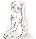  breast_hold breasts fate/stay_night fate_(series) long_hair long_legs monochrome ryp solo thighhighs toosaka_rin two_side_up very_long_hair 