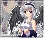  black_wings camisole character_name closed_mouth collarbone expressionless flower hairband kinagi_yuu long_hair looking_at_viewer off_shoulder rose rozen_maiden silver_hair solo suigintou undressing very_long_hair wings 