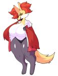  absurd_res anthro big_breasts breasts canid canine clothed clothing delphox eyewear female glasses hi_res huge_breasts mammal nintendo open_mouth pok&eacute;mon pok&eacute;mon_(species) robe satanickpaws simple_background solo teeth tongue video_games white_background wide_hips 