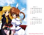  2girls belt blonde_hair brown_hair calendar_(medium) cape fate_testarossa february fingerless_gloves gloves interlocked_fingers january long_sleeves lyrical_nanoha magical_girl mahou_shoujo_lyrical_nanoha mahou_shoujo_lyrical_nanoha_a's mikage_takashi multiple_girls purple_eyes red_eyes takamachi_nanoha twintails 