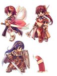  3girls acolyte armor blush chibi crusader grin long_hair mage_(ragnarok_online) midriff multiple_girls navel pelvic_curtain purple_hair ragnarok_online seiranken_shion_(shinrabanshou) shield shinrabanshou shion_(shinrabanshou) short_hair simple_background smile sword weapon worms xration 