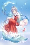  1girl absurdres blue_background dress fish floating_hair full_body green_eyes hair_between_eyes head_rest highres invisible_chair japanese_clothes kimono long_dress long_hair long_sleeves looking_at_viewer luo_tianyi pleated_dress red_dress silver_hair sitting sleeveless sleeveless_dress solo strapless strapless_dress tied_hair twintails very_long_hair vocaloid vocanese white_kimono yaduo 
