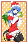  artist_request asymmetrical_wings blue_hair bow christmas dizzy guilty_gear hat long_sleeves ribbon santa_costume santa_hat solo tail tail_bow tail_ribbon thighhighs wings zettai_ryouiki 