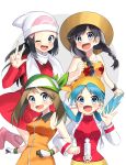  4girls :d ;d absurdres black_hair blue_hair blush braid brown_hair coat coat_dress collarbone creatures_(company) crystal_(pokemon) floral_print game_freak gloves green_bandana grey_eyes haruka_(pokemon) hat highres hikari_(pokemon) jacket leg_up locked_arms long_hair long_sleeves looking_at_viewer mizuki_(pokemon) multiple_girls nintendo one_eye_closed open_clothes open_jacket open_mouth orange_jacket orange_shirt pink_footwear pokemon red_coat red_sweater scarf shirt sleeveless sleeveless_jacket sleeveless_shirt smile sun_hat sweater twin_braids twintails w white_background white_hat white_jacket white_scarf wristband yellow_bandana yellow_hat yuihiko 