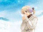  blonde_hair blowing_on_hands breath brown_eyes earmuffs game_cg long_sleeves patricia_(princess_maker_4) princess princess_maker princess_maker_4 short_hair short_twintails snow snowing solo sweater tenhiro_naoto turtleneck twintails 