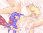  :d ass bed_sheet blanket blonde_hair blue_hair blush bow breasts character_request collarbone from_above green_eyes hair_bow large_breasts long_hair lying medium_breasts morii_shizuki multiple_girls naked_sheet nipples no_pussy nude on_back on_stomach open_mouth profile purple_eyes purple_hair ragnarok_online red_bow ribbon short_hair smile spread_legs teeth thighs 