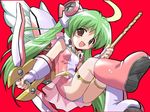  :d angel_wings blush boots bow_(weapon) c3_2003_image_character chibi collaboration dress drill gloves green_hair halo komatsu_eiji long_hair open_mouth original panties pantyshot pink_footwear red_background red_eyes short_dress skirt smile solo twintails underwear weapon wings 