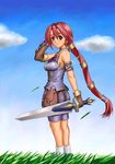 brown_eyes cloud dark_chronicle day grass holding holding_sword holding_weapon long_hair looking_at_viewer looking_back monica_(dark_chronicle) multi-tied_hair red_hair sky solo sword very_long_hair weapon wind 