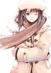  bangs blue_eyes brown_hair brown_scarf coat duffel_coat eyebrows_visible_through_hair fujishima_(raving_phantom) fur-trimmed_coat fur_trim hat hood hood_down long_sleeves one_eye_closed original pocket scarf simple_background sleeves_past_wrists solo toggles white_background winter_clothes 