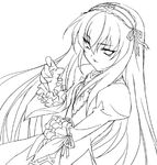  47agdragon dress flower frilled_sleeves frills greyscale hair_between_eyes hairband juliet_sleeves long_hair long_sleeves looking_at_viewer monochrome puffy_sleeves rose rozen_maiden simple_background solo suigintou upper_body white_background 