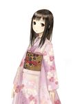 brown_eyes brown_hair expressionless floral_print furisode japanese_clothes kimono kishida_mel long_hair long_sleeves looking_at_viewer obi open_mouth original sash simple_background solo standing 
