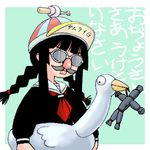  bangs bird black_hair black_serafuku blunt_bangs disguise duck enma_ai hat hime_cut ishida_masatsuki jigoku_shoujo long_hair long_sleeves lowres school_uniform serafuku solo translation_request twintails upper_body 