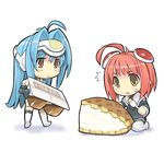  blue_hair cake chibi food hair_ornament hairclip helmet kizaki kos-mos long_sleeves lowres m.o.m.o. multiple_girls pastry pink_hair red_eyes thighhighs translated xenosaga xenosaga_episode_i yellow_eyes 