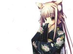  animal_ears blonde_hair fox_ears japanese_clothes kimono long_sleeves new_year nonojino_kyouya original petals ponytail sleeves_past_wrists solo upper_body 