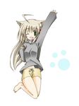  ahoge animal_ears cat_ears copyright_request green_eyes jumping long_hair long_sleeves one_eye_closed open_mouth paw_print solo yukino_kou 