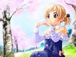  blonde_hair brown_eyes cherry_blossoms game_cg long_sleeves nature patricia_(princess_maker_4) petals princess princess_maker princess_maker_4 short_hair short_twintails sitting solo striped tenhiro_naoto twintails 