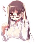  arima_senne brown_hair condom dress_shirt glasses kashiwamochi_yomogi long_hair long_sleeves original shirt solo 