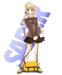  artoria_pendragon_(all) backpack bag blonde_hair boots casual character_name fate/stay_night fate_(series) fujitsuki full_body long_sleeves miniskirt pleated_skirt saber scarf skirt solo standing striped striped_scarf 
