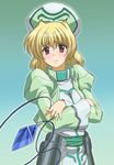  blonde_hair crossed_arms earrings frown g-tetsu green green_background hat jacket jewelry klarwind long_sleeves lyrical_nanoha magical_girl mahou_shoujo_lyrical_nanoha mahou_shoujo_lyrical_nanoha_a's open_clothes open_jacket pendant red_eyes ring shamal short_hair solo waist_cape 